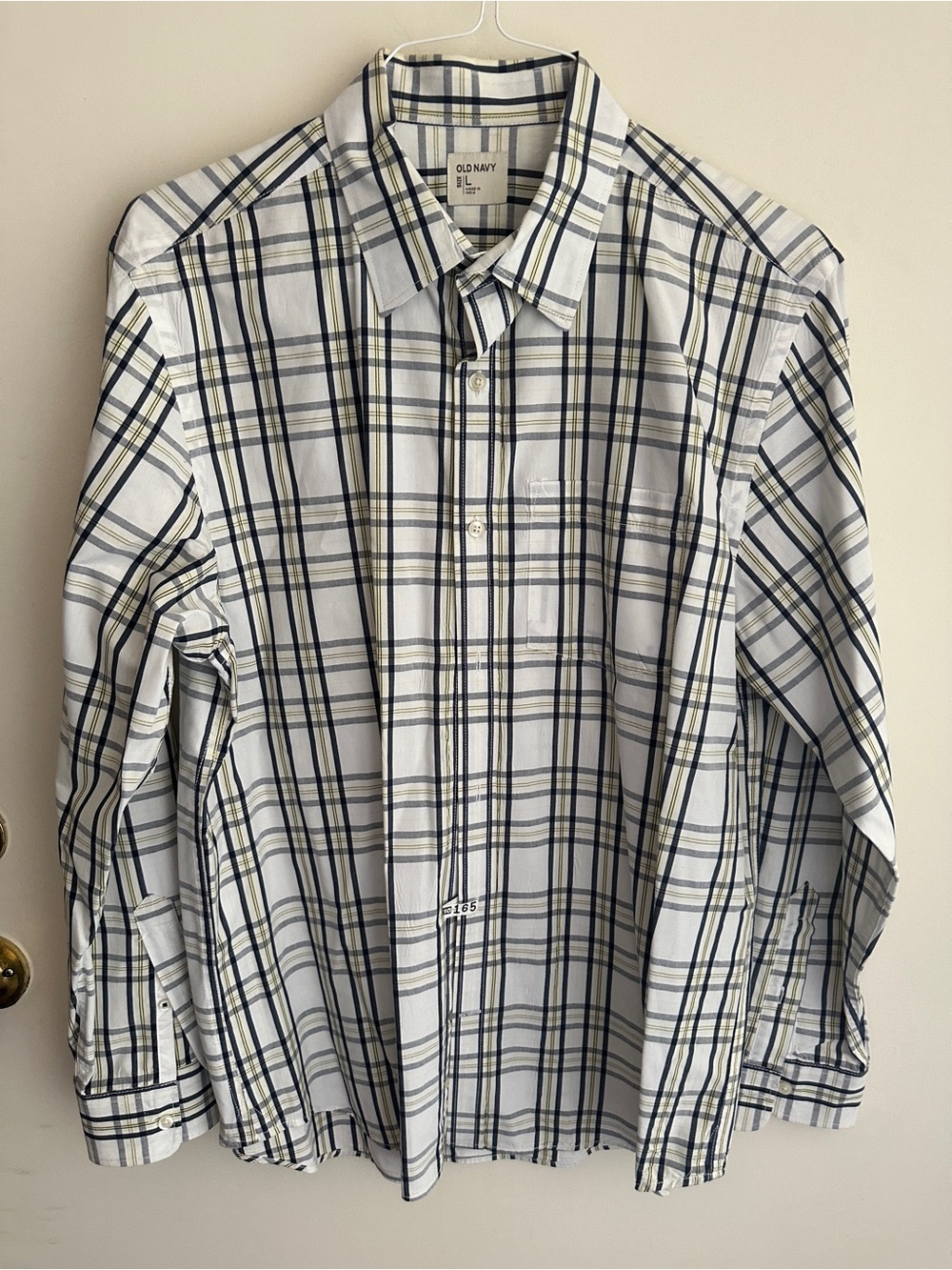 Old Navy White Plaid Button-Down Shirt with Navy and Light Yellow Stripes